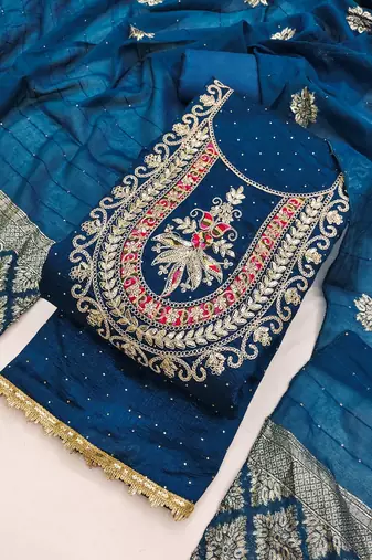 Blue silk  embroidered unstitched dressmaterials 3 pair top bottom dupptaa