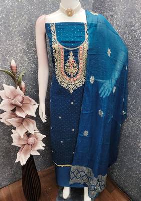 Blue silk  embroidered unstitched dressmaterials 3 pair top bottom dupptaa 3