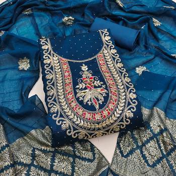 Blue silk  embroidered unstitched dressmaterials 3 pair top bottom dupptaa 4
