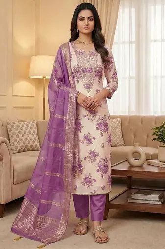 Lavender silk embroidered unstitched dressmaterials 3 pair top bottom dupptaa