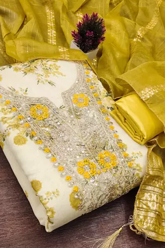 Mustard silk embroidered unstitched dressmaterials 3 pair top bottom dupptaa