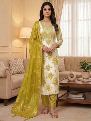 Mustard silk embroidered unstitched dressmaterials 3 pair top bottom dupptaa 2