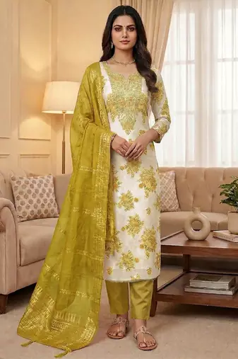 Mustard silk embroidered unstitched dressmaterials 3 pair top bottom dupptaa