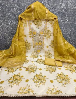 Mustard silk embroidered unstitched dressmaterials 3 pair top bottom dupptaa 3