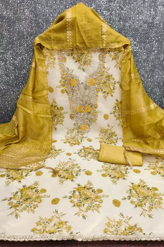Mustard silk embroidered unstitched dressmaterials 3 pair top bottom dupptaa
