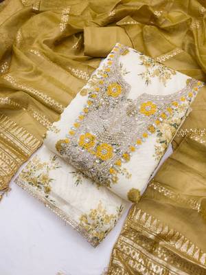 Mustard silk embroidered unstitched dressmaterials 3 pair top bottom dupptaa 4