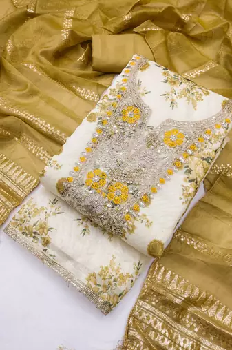 Mustard silk embroidered unstitched dressmaterials 3 pair top bottom dupptaa