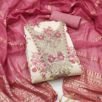 Pink silk  embroidered unstitched dressmaterials 3 pair top bottom dupptaa 1