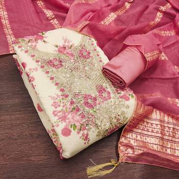 Pink silk  embroidered unstitched dressmaterials 3 pair top bottom dupptaa 2