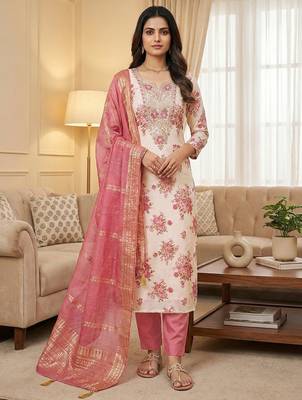 Pink silk  embroidered unstitched dressmaterials 3 pair top bottom dupptaa 3