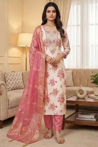 Pink silk  embroidered unstitched dressmaterials 3 pair top bottom dupptaa