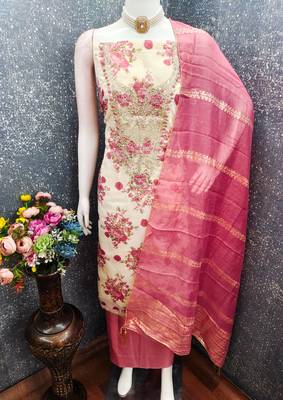 Pink silk  embroidered unstitched dressmaterials 3 pair top bottom dupptaa 4