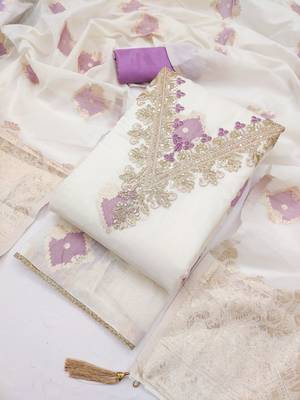 Lavender chanderi embroidered unstitched dressmaterials 3 pair top bottom dupptaa 1