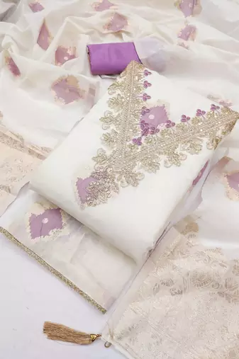 Lavender chanderi embroidered unstitched dressmaterials 3 pair top bottom dupptaa