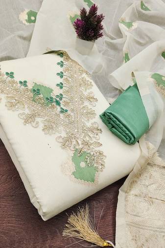 Sea green chanderi embroidered unstitched dressmaterials 3 pair top bottom dupptaa