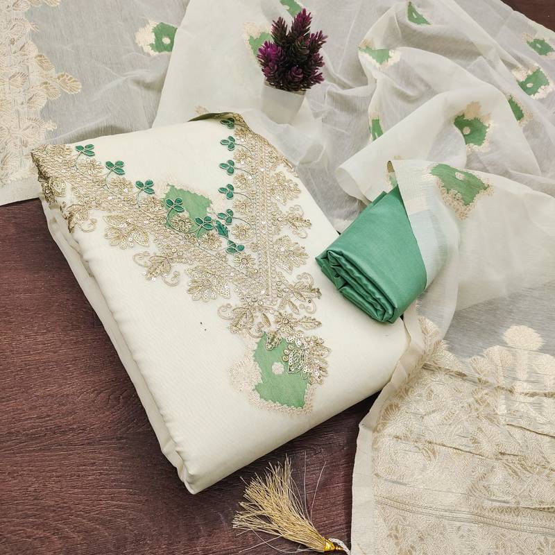 Sea green chanderi embroidered unstitched dressmaterials 3 pair top bottom dupptaa