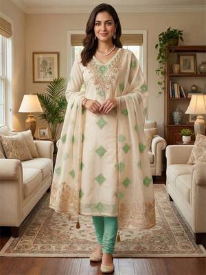 Sea green chanderi embroidered unstitched dressmaterials 3 pair top bottom dupptaa 2