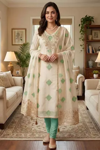 Sea green chanderi embroidered unstitched dressmaterials 3 pair top bottom dupptaa