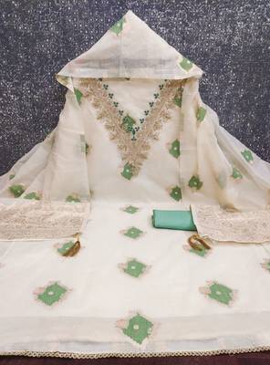 Sea green chanderi embroidered unstitched dressmaterials 3 pair top bottom dupptaa 3