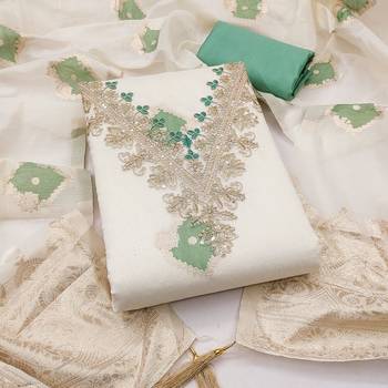 Sea green chanderi embroidered unstitched dressmaterials 3 pair top bottom dupptaa 4