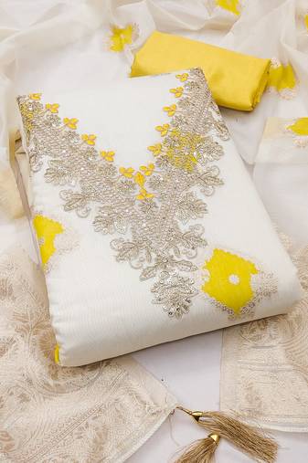 Yellow chanderi embroidered unstitched dressmaterials 3 pair top bottom dupptaa