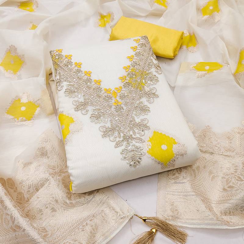 Yellow chanderi embroidered unstitched dressmaterials 3 pair top bottom dupptaa
