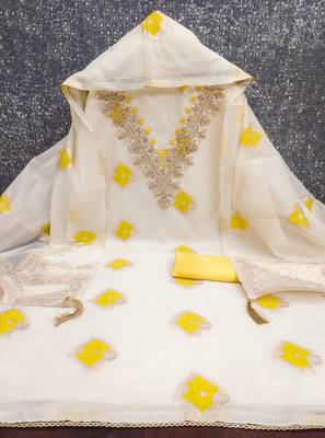 Yellow chanderi embroidered unstitched dressmaterials 3 pair top bottom dupptaa 2