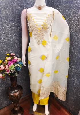 Yellow chanderi embroidered unstitched dressmaterials 3 pair top bottom dupptaa 3