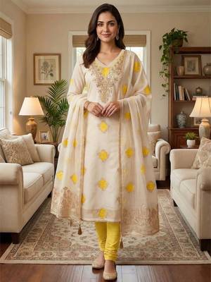Yellow chanderi embroidered unstitched dressmaterials 3 pair top bottom dupptaa 4