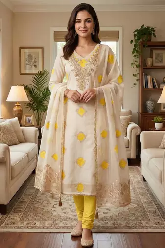 Yellow chanderi embroidered unstitched dressmaterials 3 pair top bottom dupptaa