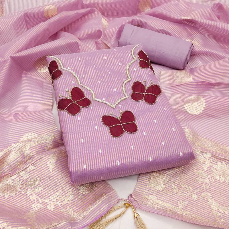 Lavender silk embroidered unstitched dressmaterials 3 pair top bottom dupptaa
