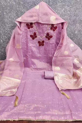 Lavender silk embroidered unstitched dressmaterials 3 pair top bottom dupptaa