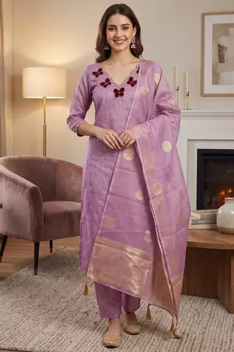 Lavender silk embroidered unstitched dressmaterials 3 pair top bottom dupptaa