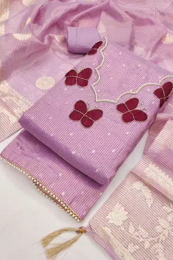 Lavender silk embroidered unstitched dressmaterials 3 pair top bottom dupptaa