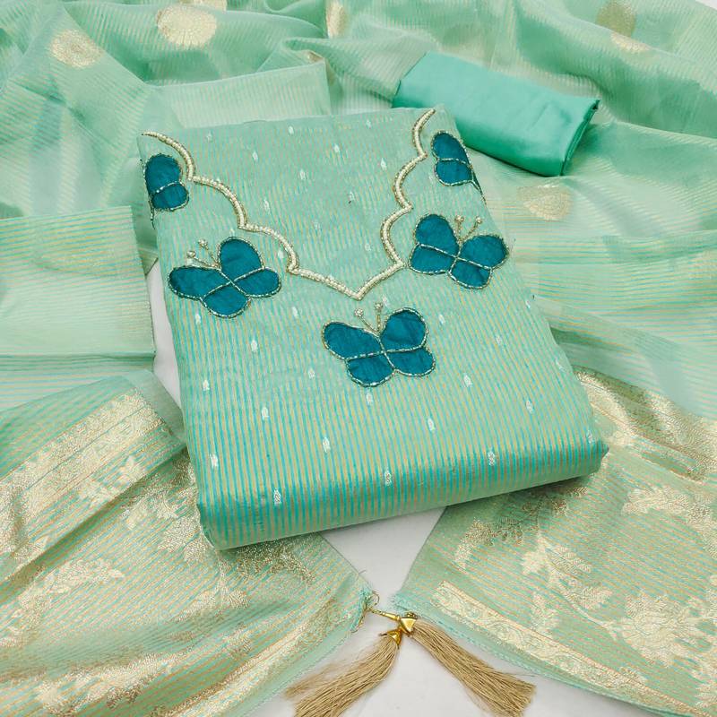 Sky silk embroidered unstitched dressmaterials 3 pair top bottom dupptaa