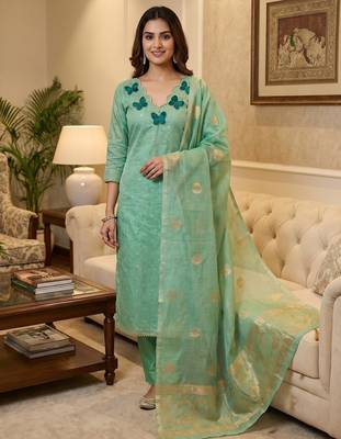 Sky silk embroidered unstitched dressmaterials 3 pair top bottom dupptaa 3