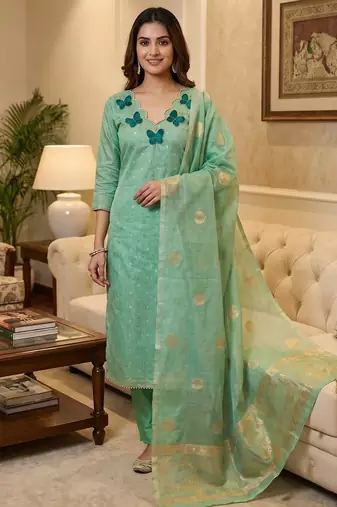 Sky silk embroidered unstitched dressmaterials 3 pair top bottom dupptaa