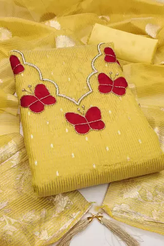 Yellow silk embroidered unstitched dressmaterials 3 pair top bottom dupptaa