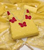 Yellow silk embroidered unstitched dressmaterials 3 pair top bottom dupptaa