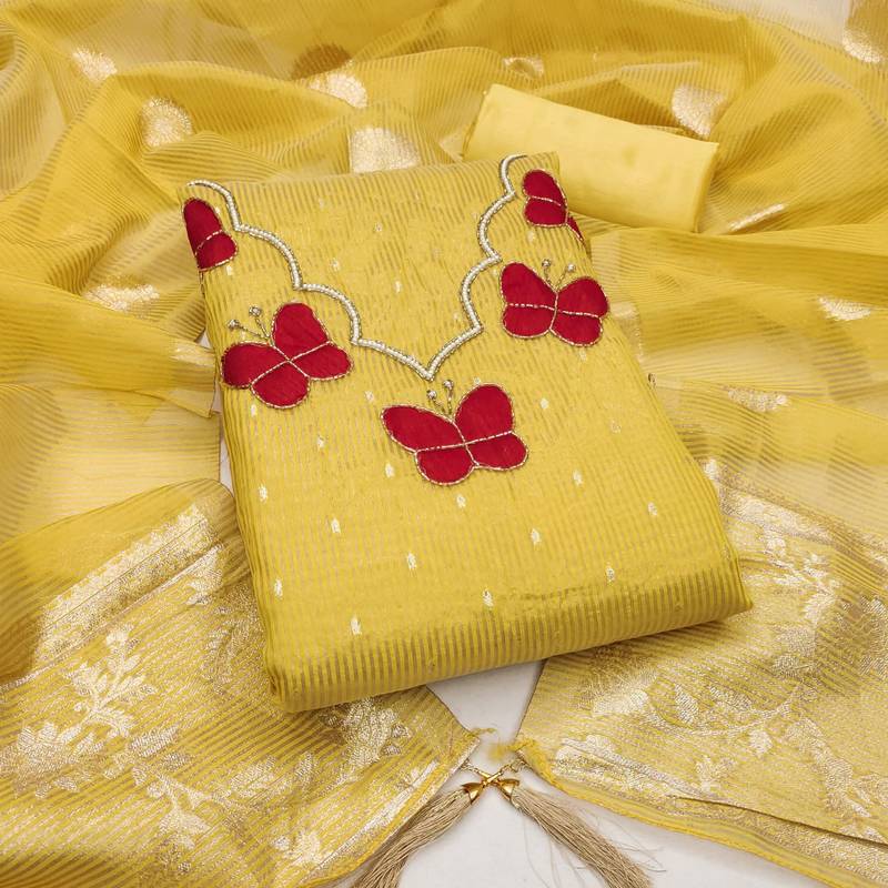 Yellow silk embroidered unstitched dressmaterials 3 pair top bottom dupptaa