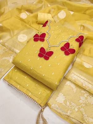 Yellow silk embroidered unstitched dressmaterials 3 pair top bottom dupptaa 2