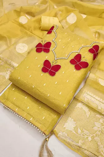 Yellow silk embroidered unstitched dressmaterials 3 pair top bottom dupptaa