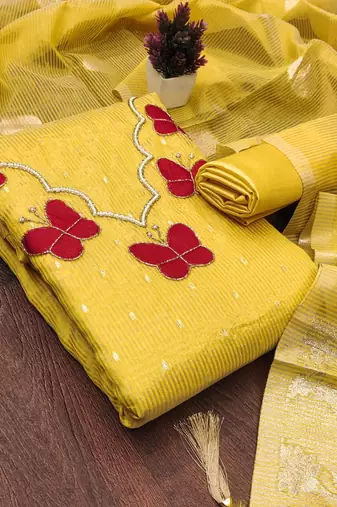 Yellow silk embroidered unstitched dressmaterials 3 pair top bottom dupptaa