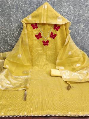 Yellow silk embroidered unstitched dressmaterials 3 pair top bottom dupptaa 4