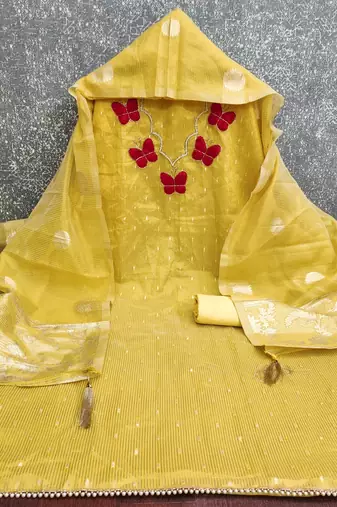 Yellow silk embroidered unstitched dressmaterials 3 pair top bottom dupptaa