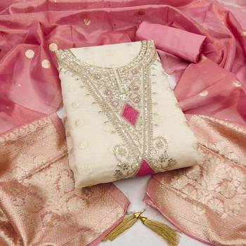 Pink silk  embroidered unstitched dressmaterials 3 pair top bottom dupptaa 1