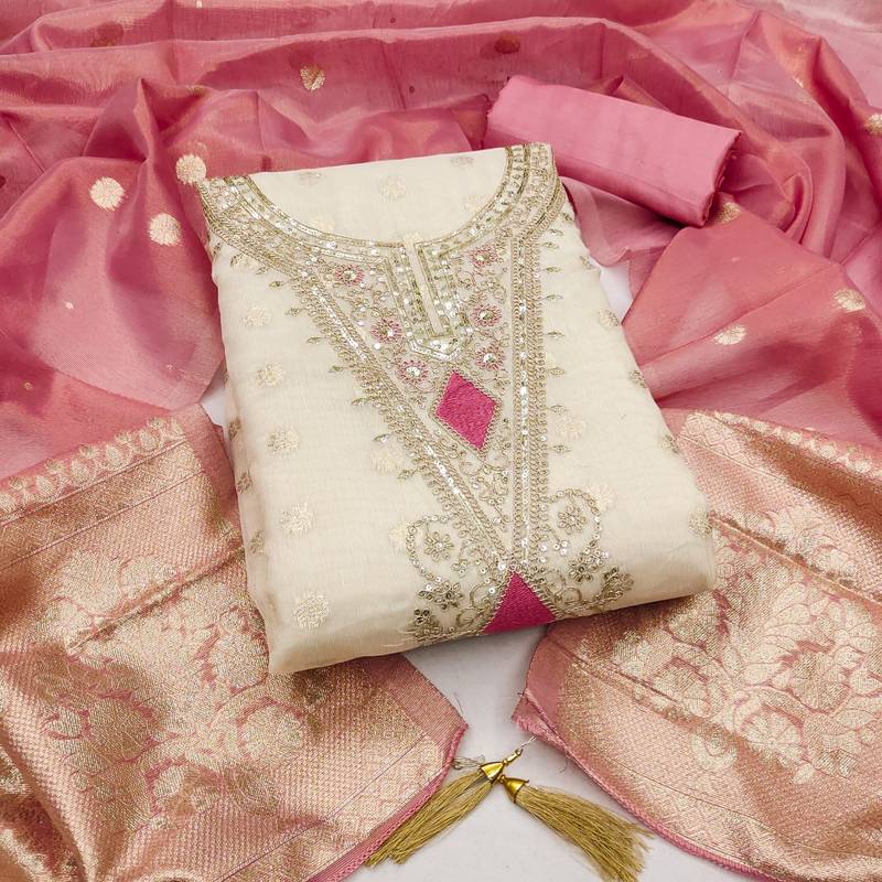 Pink silk  embroidered unstitched dressmaterials 3 pair top bottom dupptaa
