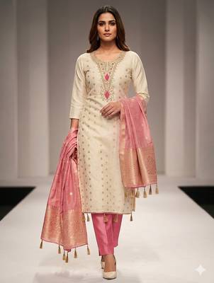 Pink silk  embroidered unstitched dressmaterials 3 pair top bottom dupptaa 2