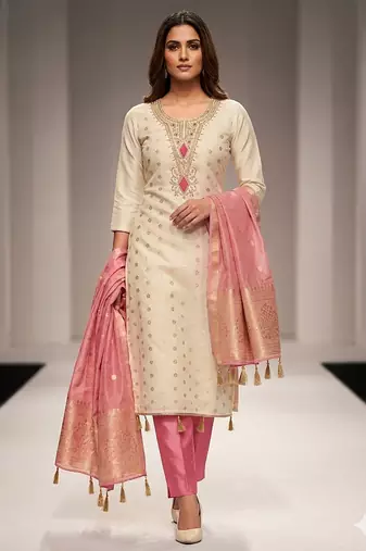 Pink silk  embroidered unstitched dressmaterials 3 pair top bottom dupptaa