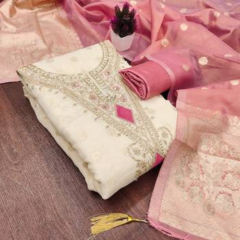Pink silk  embroidered unstitched dressmaterials 3 pair top bottom dupptaa 3